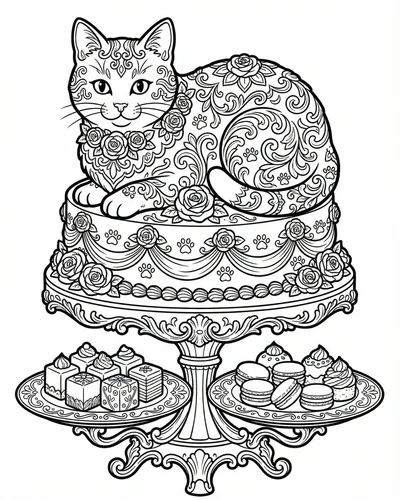 Free printable cat macaron stack pastry coloring page coloring page for adults and kids