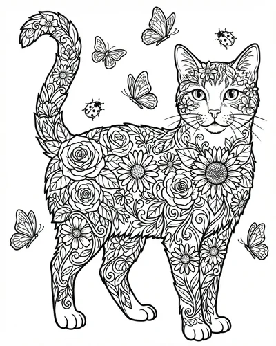 Free printable cat made of roses and flowers coloring page coloring page for adults and kids