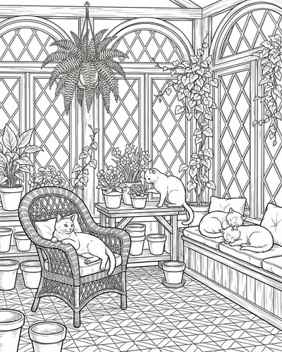 Free printable cats having tea party in cozy room coloring page coloring page for adults and kids