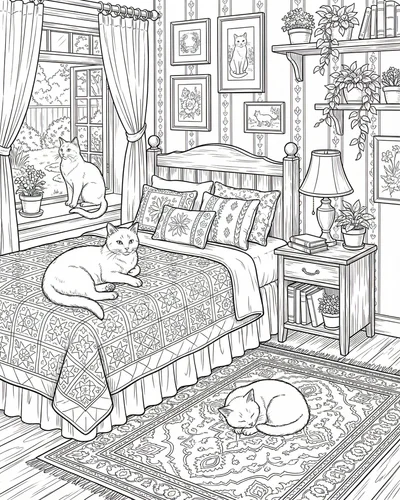 Free printable cozy cats reading books in living room coloring page coloring page for adults and kids