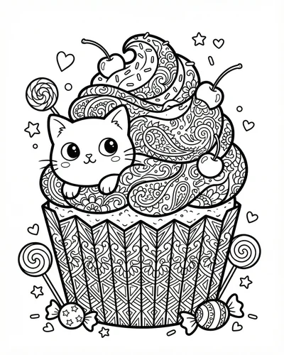 Free printable cute cat donut sweet treat coloring page coloring page for adults and kids