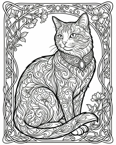 Free printable decorative cat with mandala swirls and flowers coloring page coloring page for adults and kids