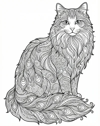 Free printable detailed zentangle cat portrait with flowing fur coloring page coloring page for adults and kids