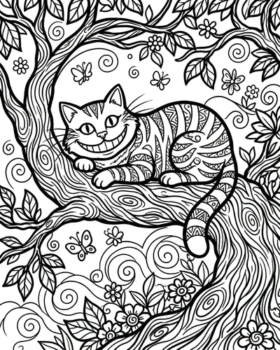 Free printable fantasy cat with butterflies in nature scene coloring page coloring page for adults and kids
