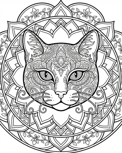 Free printable mandala cat with intricate geometric patterns coloring page coloring page for adults and kids