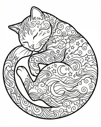 Free printable ornate zentangle cat curled with stars and moons coloring page coloring page for adults and kids