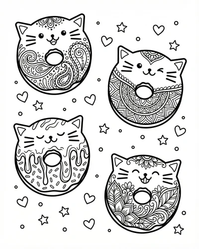 Free printable whimsical cat cupcake dessert coloring page coloring page for adults and kids