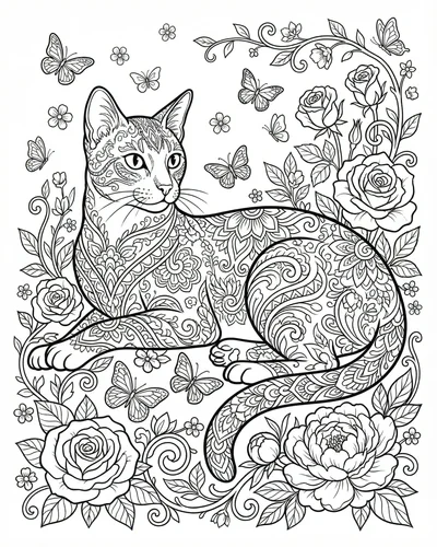 Free printable zentangle cat in flower garden with roses coloring page coloring page for adults and kids