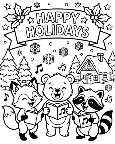 Free printable Happy Holidays coloring page of animals caroling for kids