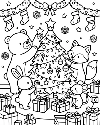 Free printable Christmas coloring page of cute animals decorating a tree for kids
