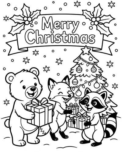 Free printable Merry Christmas coloring page of animals exchanging gifts for kids