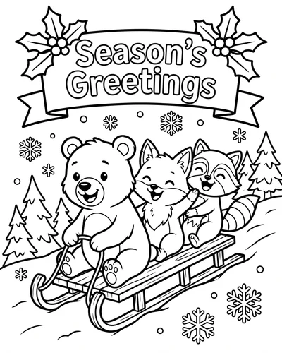 Free printable Season's Greetings coloring page of animals sledding for kids