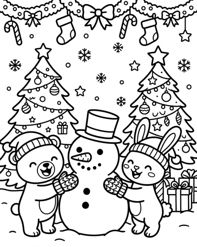 Free printable Christmas coloring page of a bear and bunny building a snowman for kids