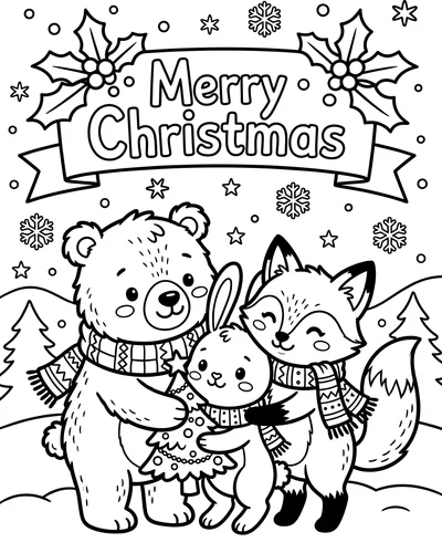 Free printable Merry Christmas coloring page of animal friends hugging for kids