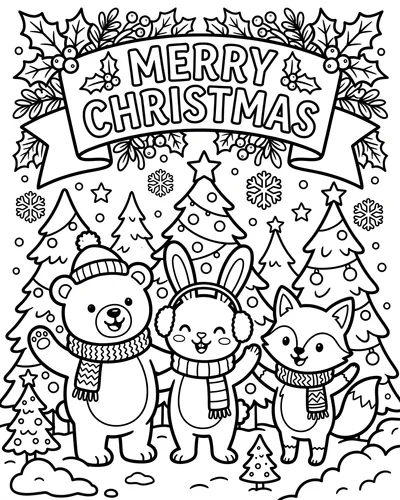 Free printable Merry Christmas coloring page of animal friends in a snowy forest for kids