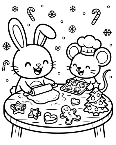 Free printable Christmas coloring page of a bunny and mouse baking cookies for kids
