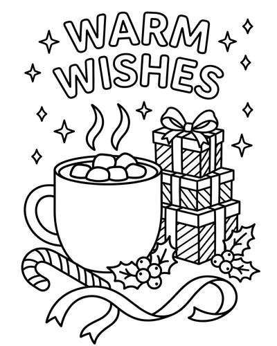 Free printable Christmas coloring page with cocoa and a stack of gifts for kids