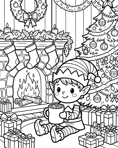 Free printable Christmas coloring page of an elf drinking cocoa by the fireplace for kids