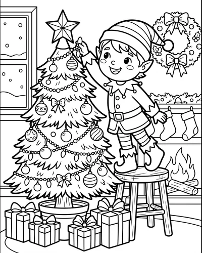 Free printable Christmas coloring page of an elf decorating a tree by a wreath for kids