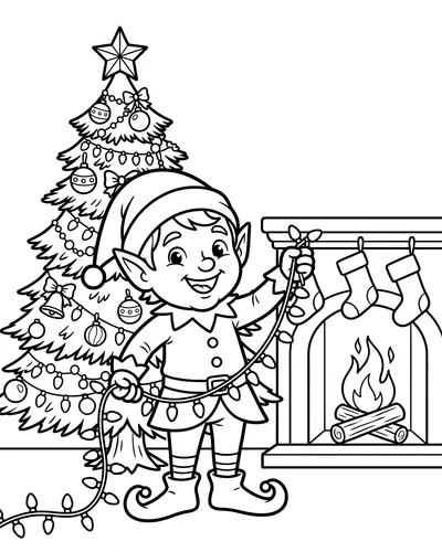 Free printable Christmas coloring page of an elf holding string lights for kids
