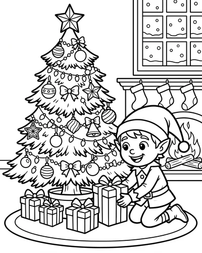 Free printable Christmas coloring page of an elf placing gifts under the tree for kids