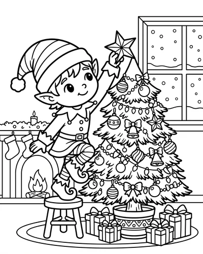 Free printable Christmas coloring page of an elf topping the tree with a star for kids