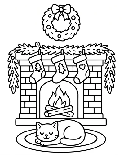 Free printable Christmas coloring page of a garland fireplace with a sleeping cat for kids