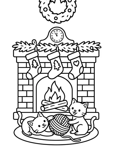 Free printable Christmas coloring page of kittens playing with yarn by the fireplace for kids