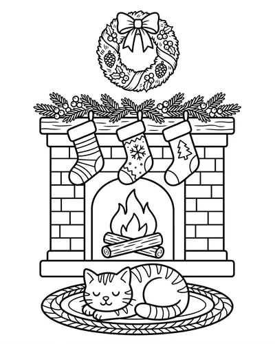 Free printable Christmas coloring page of a fireplace with stockings and a sleeping cat for kids