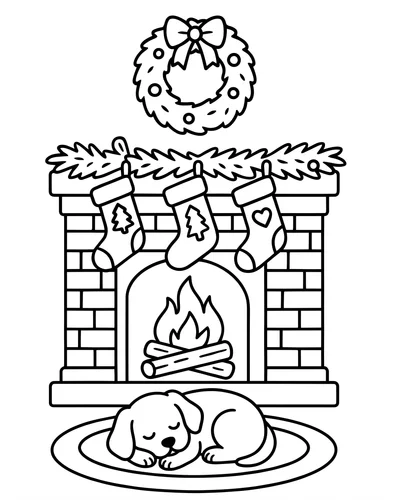 Free printable Christmas coloring page of a fireplace with stockings and a sleeping dog for kids