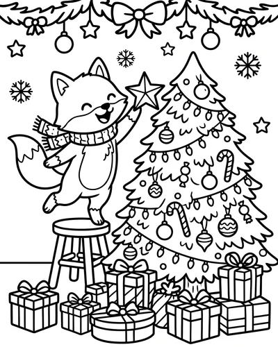 Free printable Christmas coloring page of a fox topping the tree with a star for kids