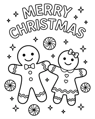 Free printable Merry Christmas coloring page of a gingerbread boy and girl for kids