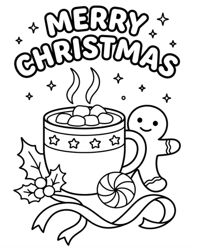 Free printable Merry Christmas coloring page with hot cocoa and a gingerbread man for kids