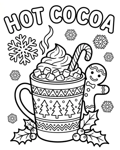 Free printable Christmas coloring page of a hot cocoa mug with a candy cane for kids