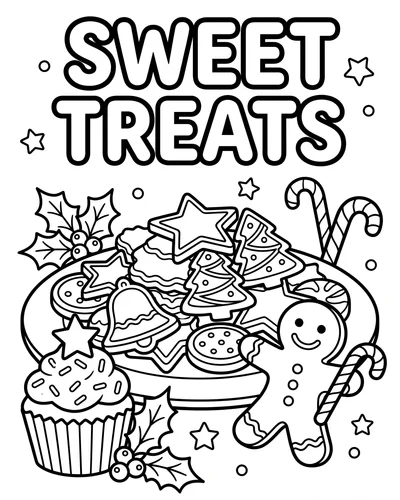 Free printable Christmas coloring page of a plate of sweet holiday treats for kids