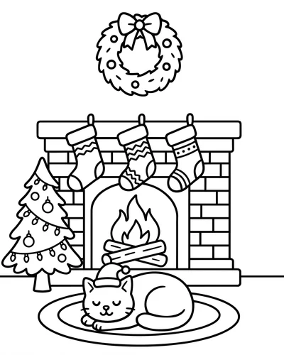 Free printable Christmas coloring page of a cat in a santa hat by the fireplace for kids