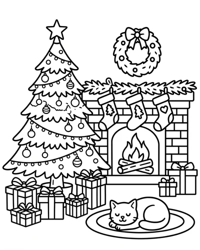 Free printable Christmas coloring page of a tree and fireplace with a napping cat for kids