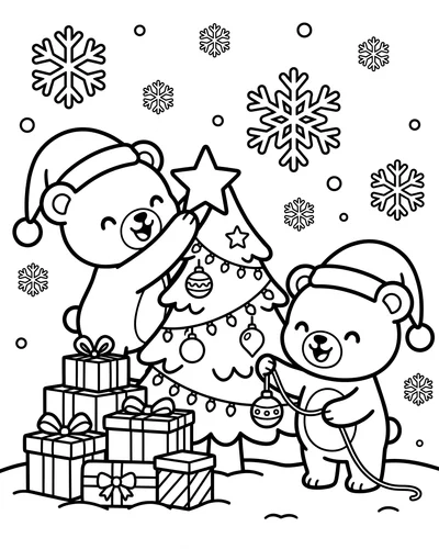 Free printable Christmas coloring page of two bears in santa hats decorating a tree for kids
