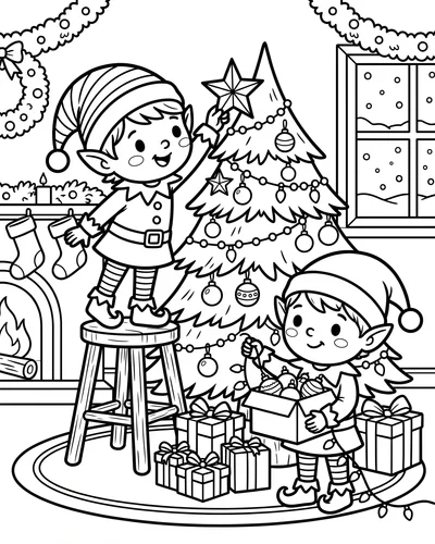 Free printable Christmas coloring page of two elves decorating a tree for kids