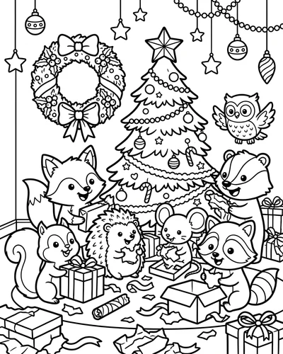 Free printable Christmas coloring page of woodland animals opening gifts for kids