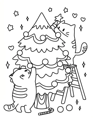 Free printable Christmas tree coloring page of two cats decorating a tree with a ladder for kids
