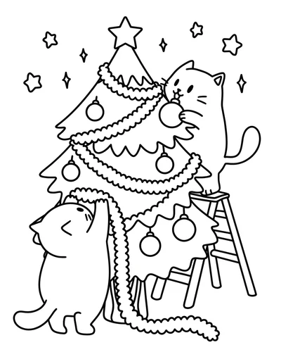 Free printable Christmas tree coloring page of cats hanging a garland on a simple tree for young kids