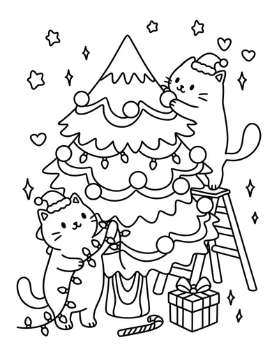 Free printable Christmas tree coloring page of two cats in santa hats decorating a tree with a ladder for kids
