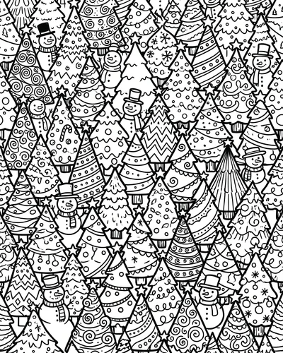Free printable Christmas tree coloring page of a dense doodle forest with hidden snowmen for adults