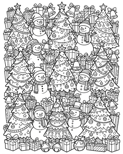 Free printable Christmas tree coloring page of doodle trees with gifts, bows and snowmen for kids
