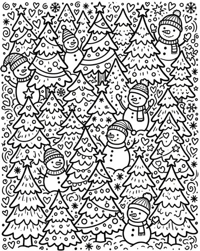 Free printable Christmas tree coloring page of doodle trees with hearts and snowmen in hats for kids