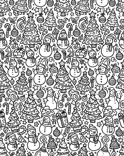 Free printable Christmas tree coloring page with a seamless doodle pattern of trees and snowmen for adults