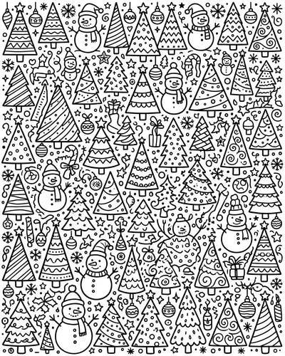 Free printable Christmas tree coloring page with lots of doodle trees and snowmen for kids