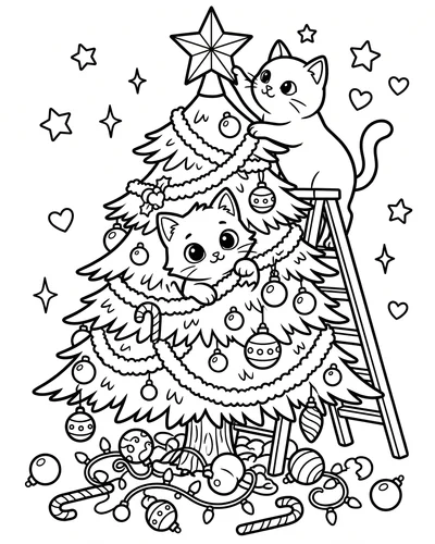 Free printable Christmas tree coloring page of two fluffy cats decorating a detailed tree with a ladder for adults