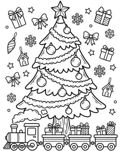Free printable Christmas tree coloring page of a fluffy snowy tree with gingerbread houses and a train for kids